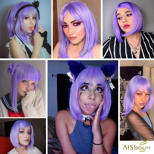 Collage of a person with purple hair styled in various ways, wearing different outfits.