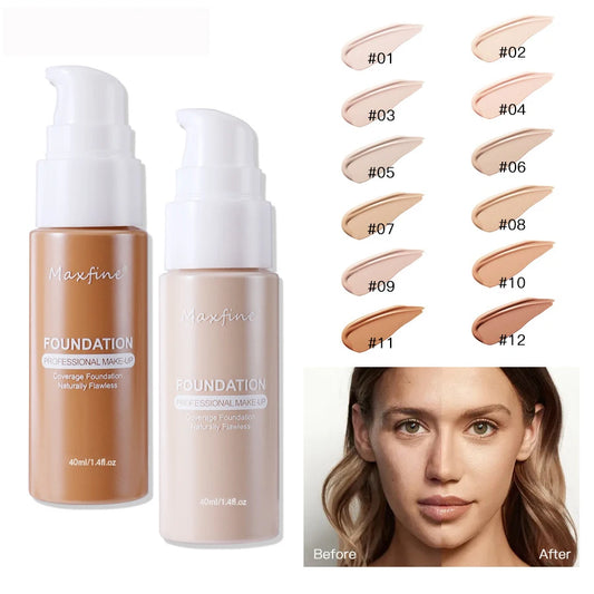 Maxfine foundation bottles with color swatches and a before/after application on a face.