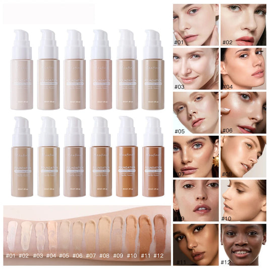 Foundation bottles with swatches and model faces showing color application