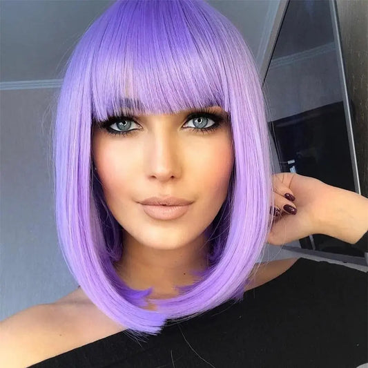 Person with a vibrant purple wig in an indoor setting