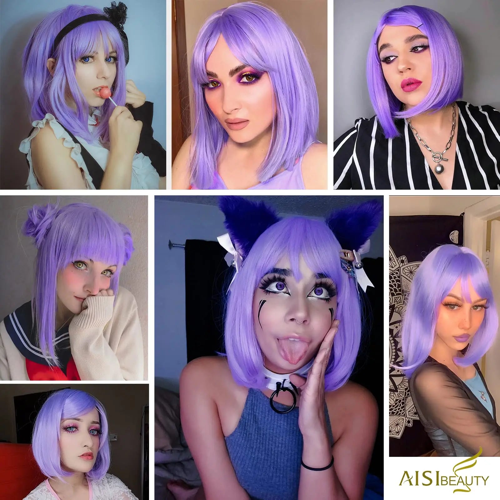 Collage of a person with purple hair styled in various ways, wearing different outfits.