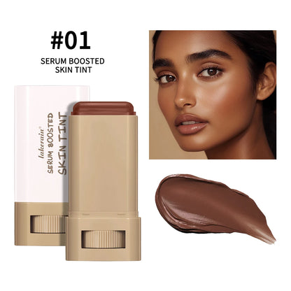 Serum boosted skin tint stick with a model's face and swatch_1
