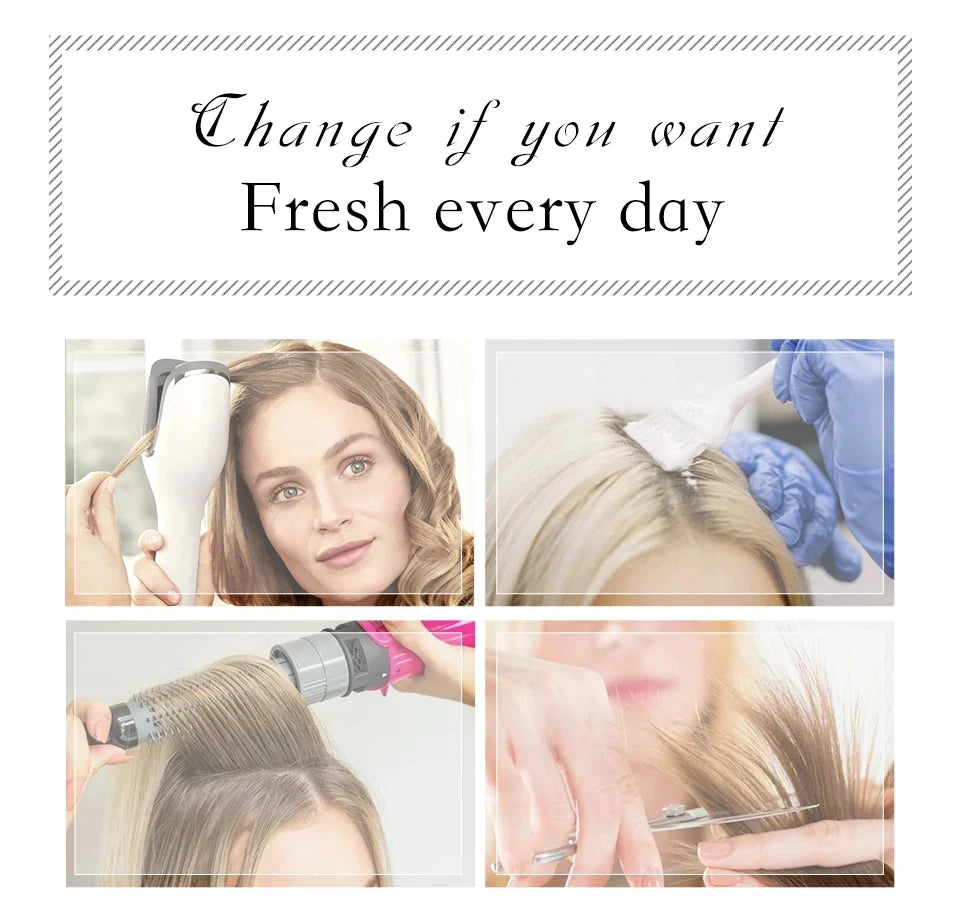 Collage of hair care activities with text 'Change if you want Fresh every day'.