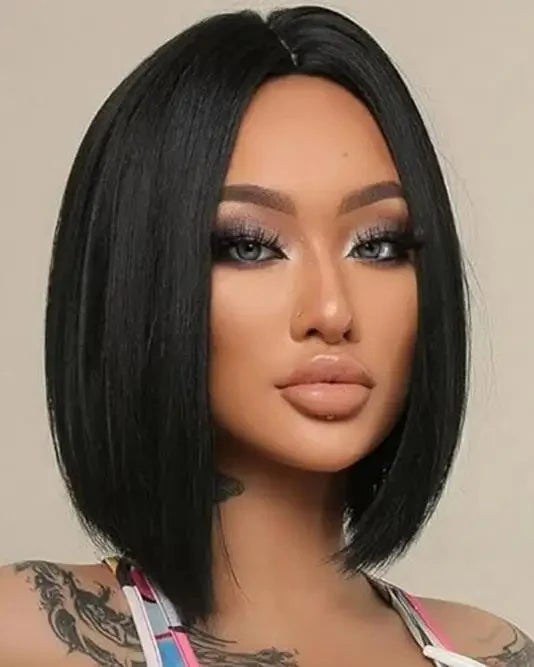 Person with a stylish black bob wig on a neutral background