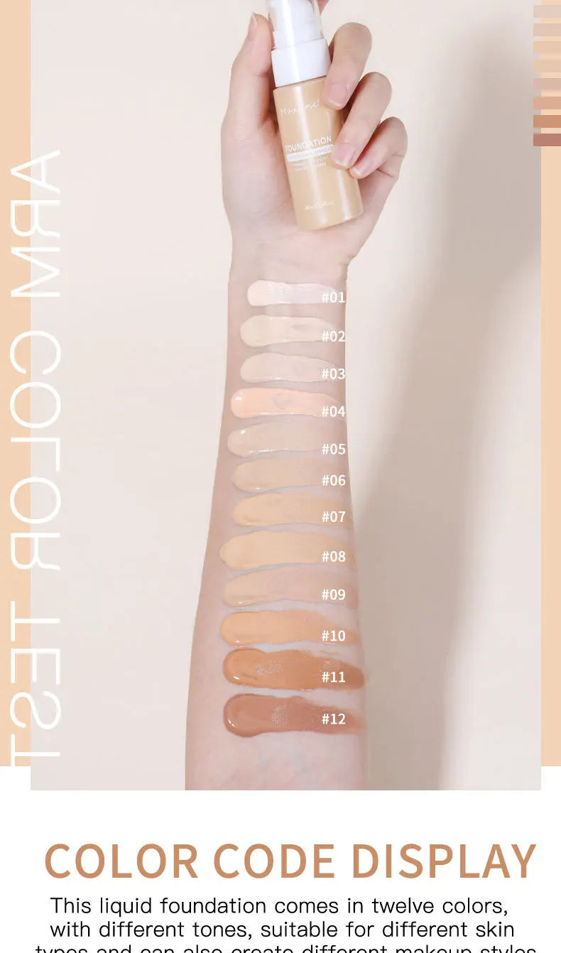 Color code display of a liquid foundation on a hand with swatches against a beige background.