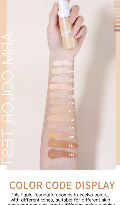 Color code display of a liquid foundation on a hand with swatches against a beige background.