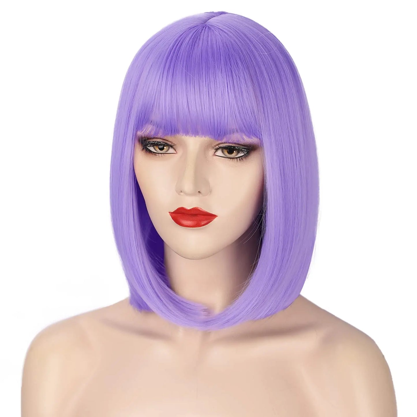 Purple wig on a mannequin head with a white background