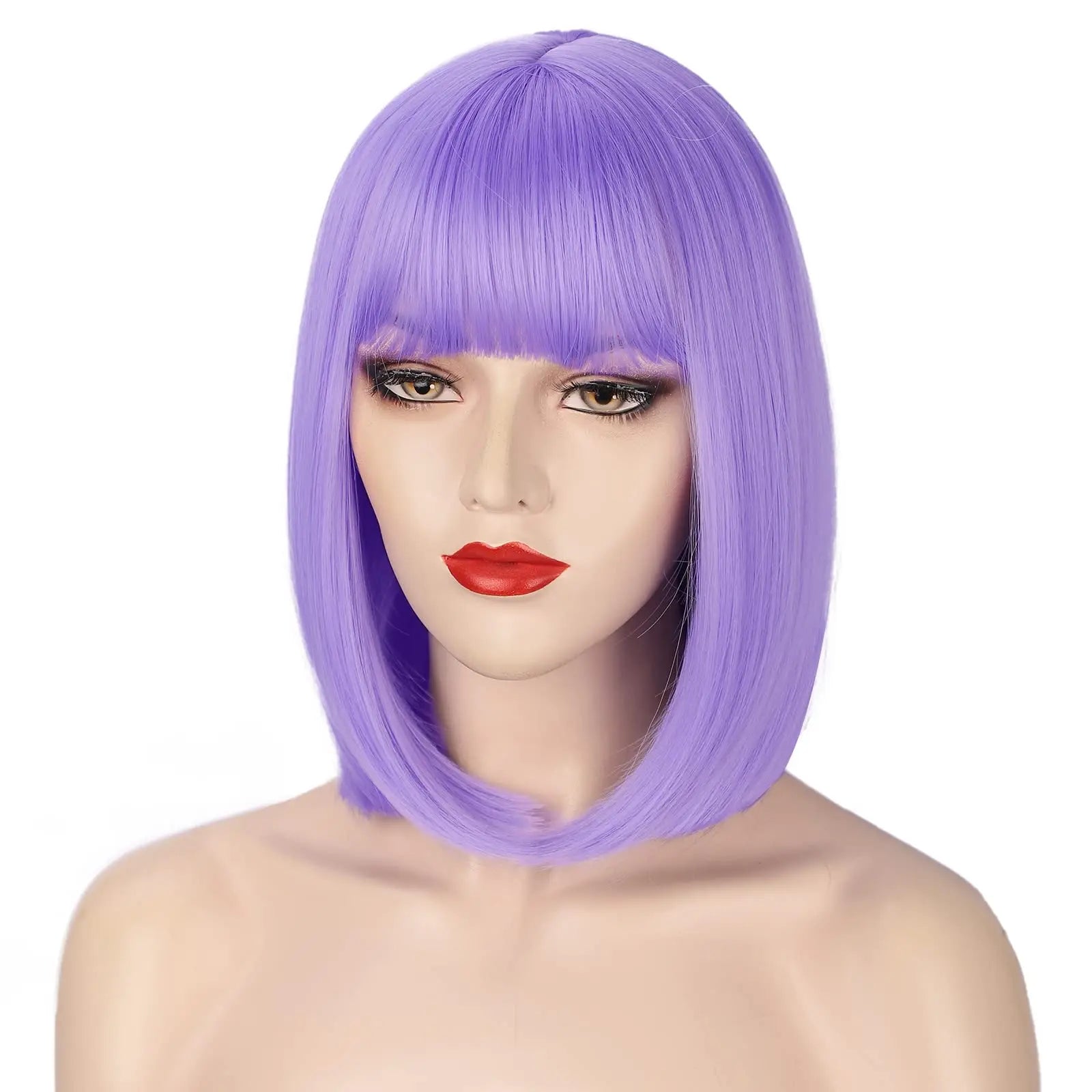 Purple wig on a mannequin head with a white background