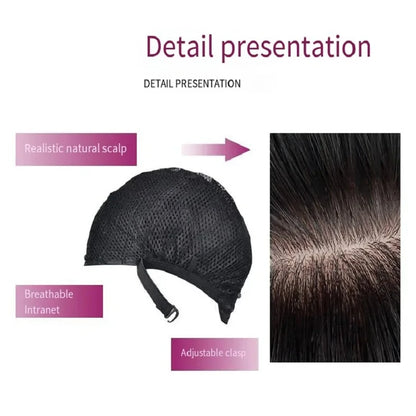 Black wig cap with features highlighted and close-up of hair texture on a white background.
