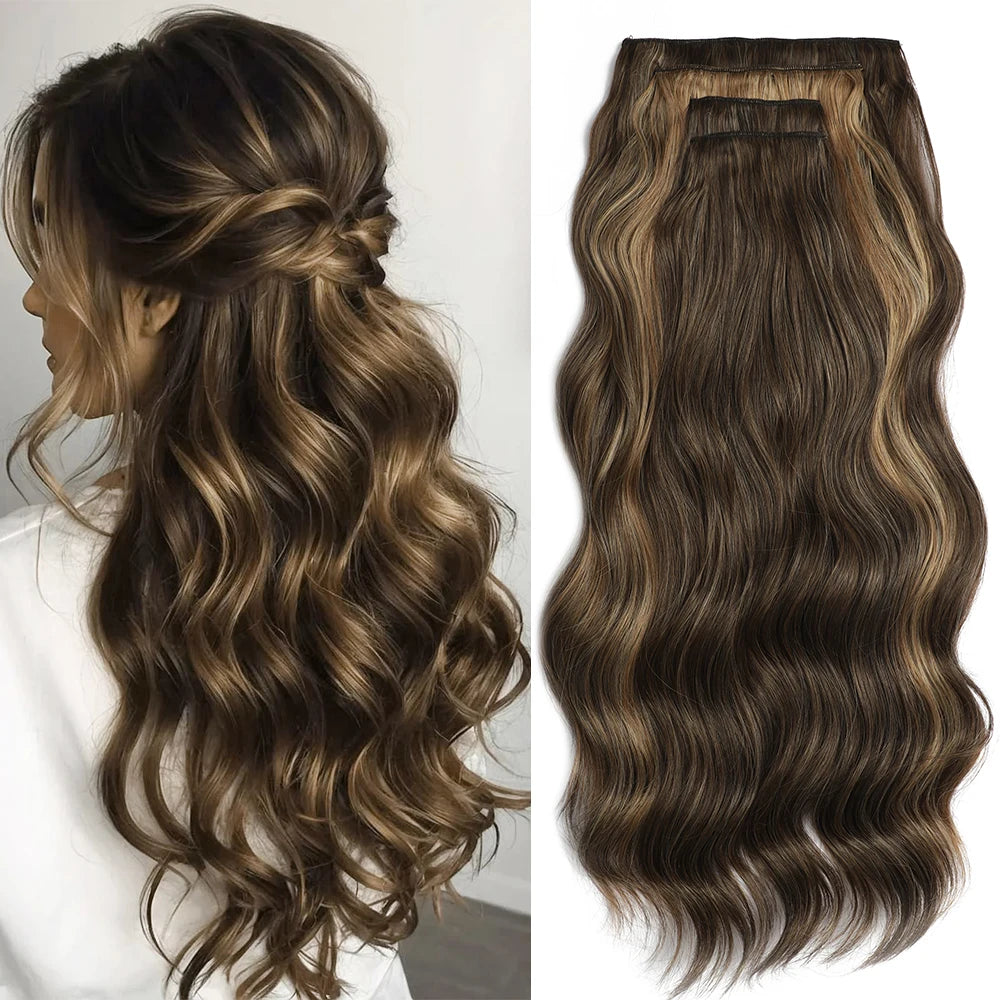 Brown hair extensions with wavy style on a white background