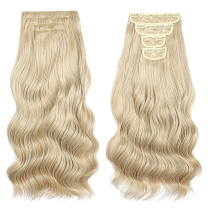 Two blonde hair extensions with wavy texture on a white background
