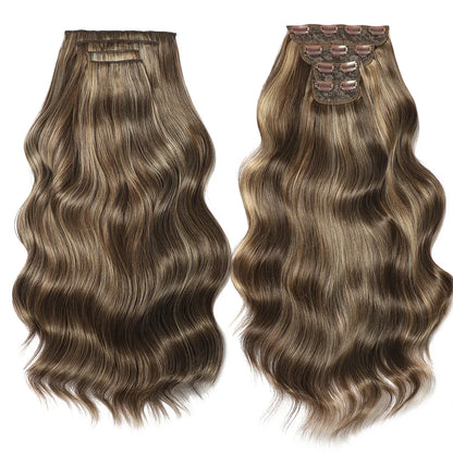 Two sets of brown hair extensions with clips on a white background