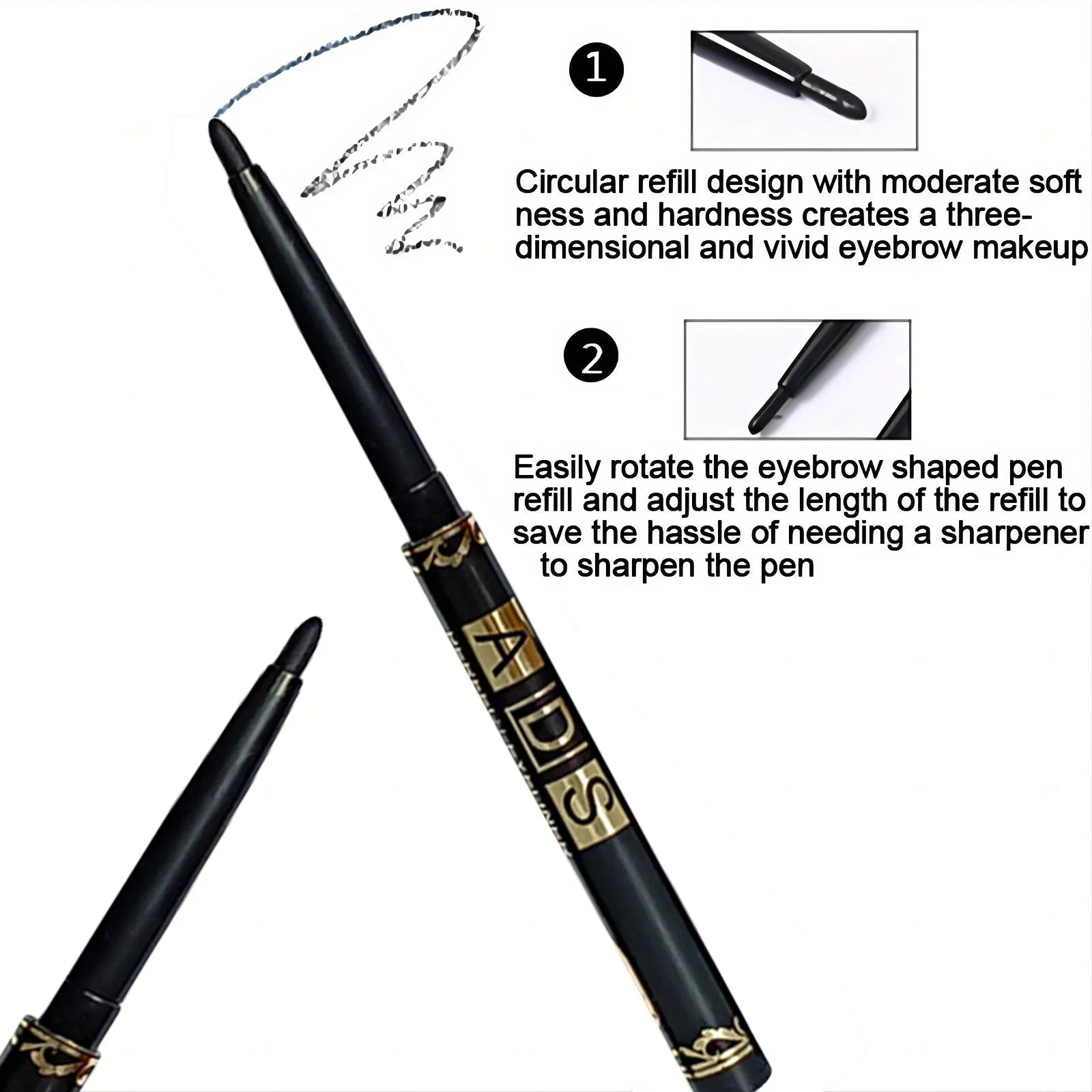 Eyebrow shaping pen with refill design and features.