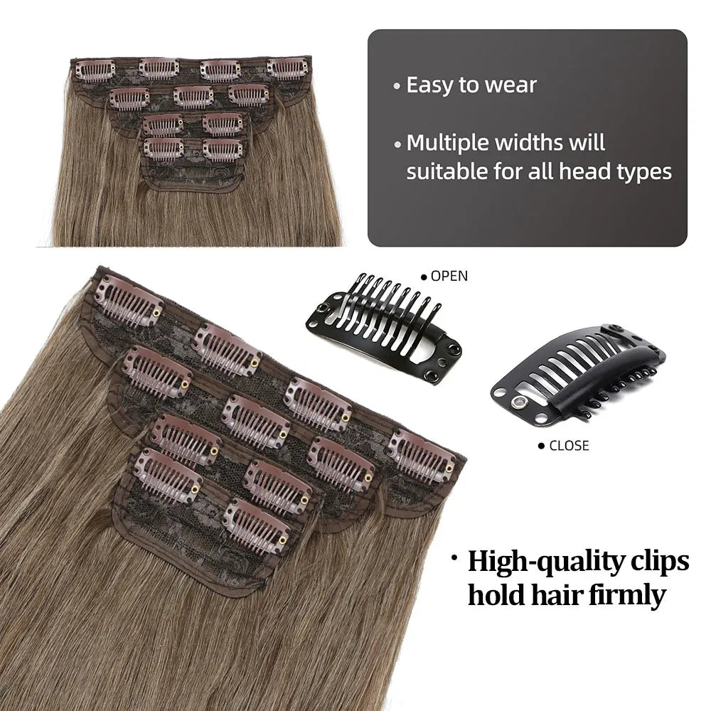 Set of hair extensions with clips and comb, featuring text on ease of wear and compatibility.