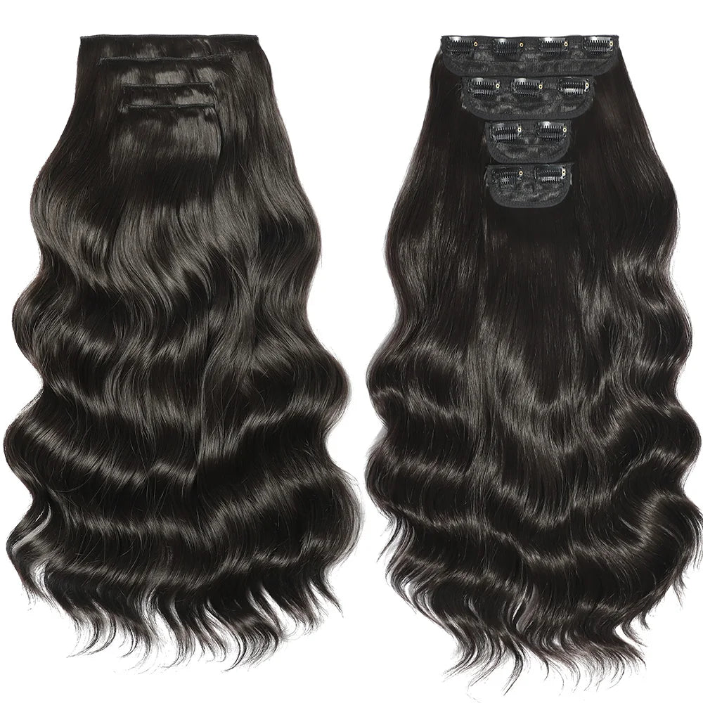 Two sets of black hair extensions with clips on a white background