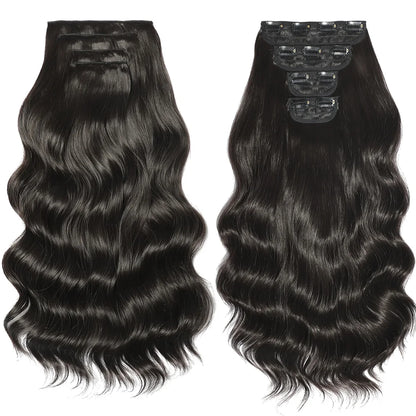 Two sets of black hair extensions with clips on a white background