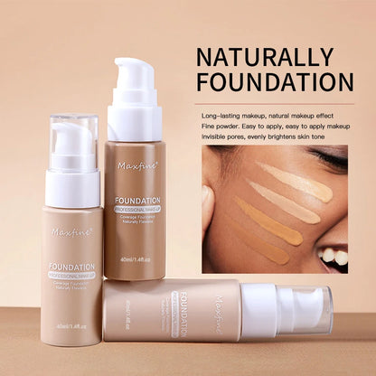 Maxfine foundation bottles with a close-up of a person applying foundation on their face.