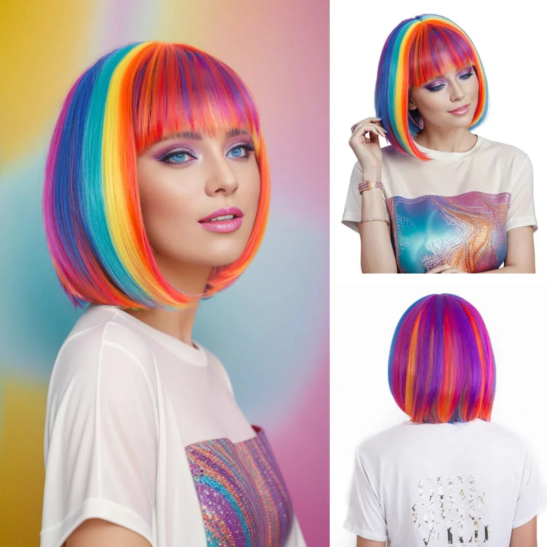 Woman with colorful rainbow wig wearing a white t-shirt with a rainbow design.