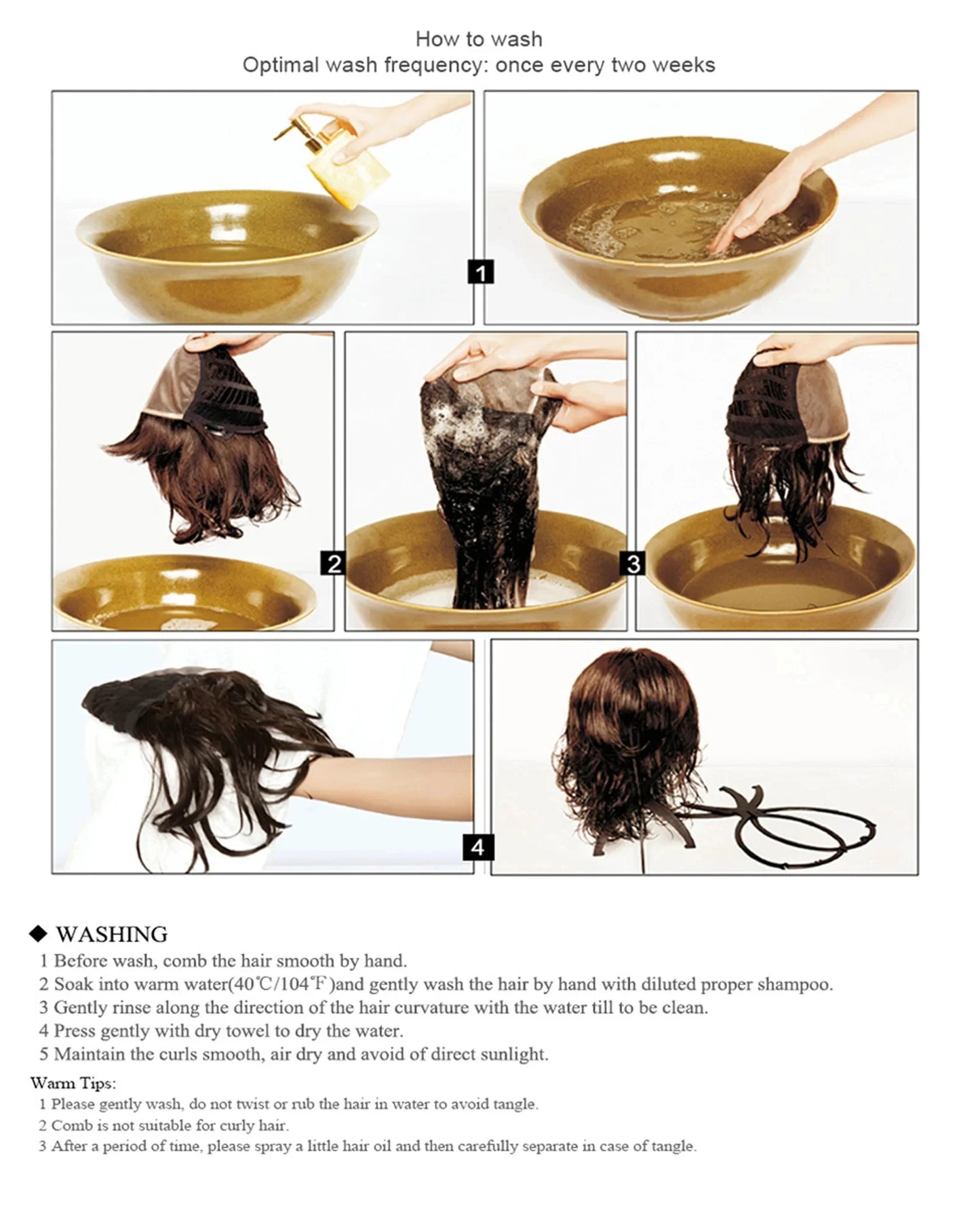 Step-by-step guide on how to wash hair extensions with images of hands and bowls.
