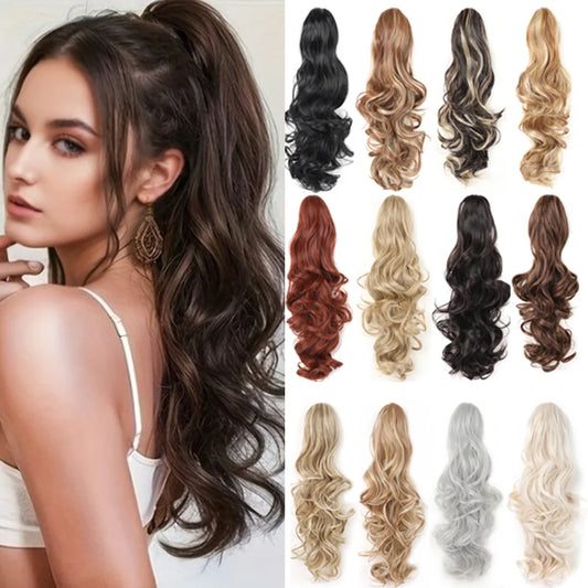 Woman with styled hair next to color options for a hair extension.