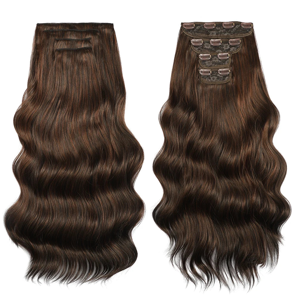 Two sets of brown hair extensions with clips on a white background