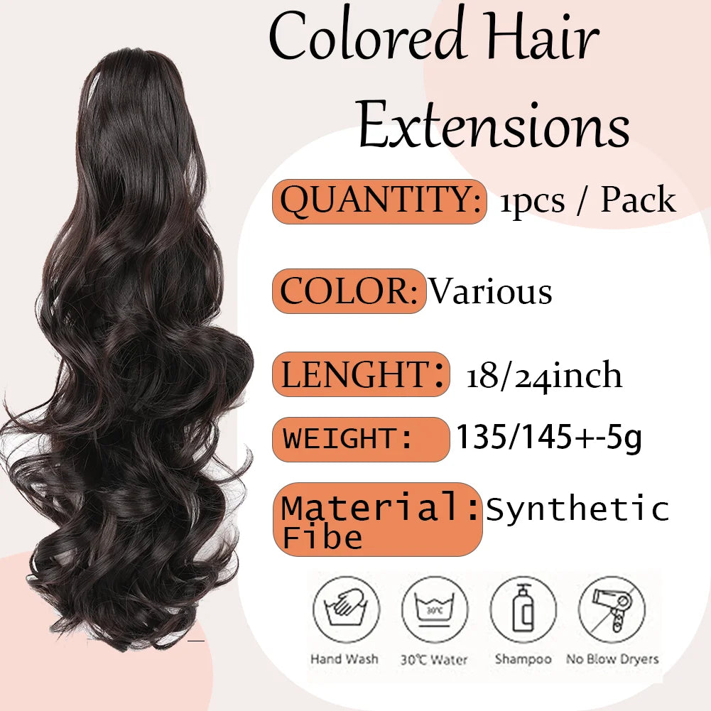 Colored hair extensions with product details.