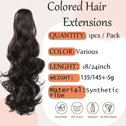 Colored hair extensions with product details.