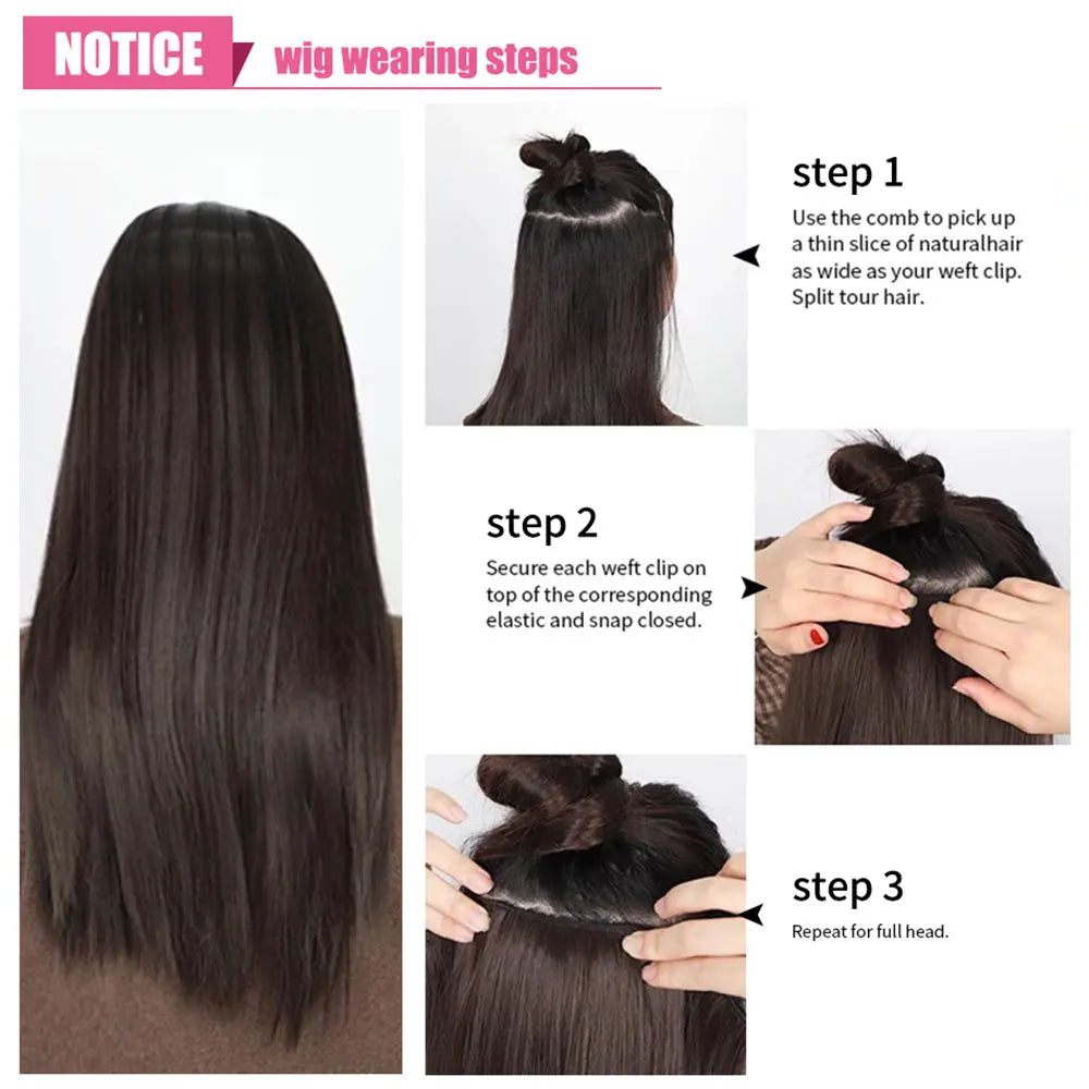 Instructions for wearing a wig with steps shown