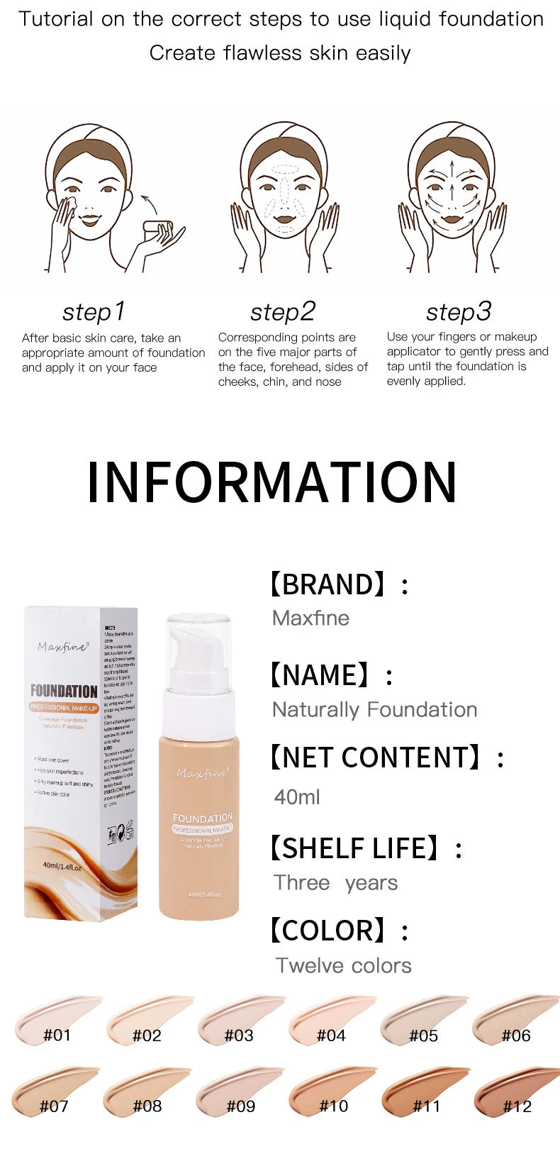 Maxshine foundation tutorial with steps and product details on a white background