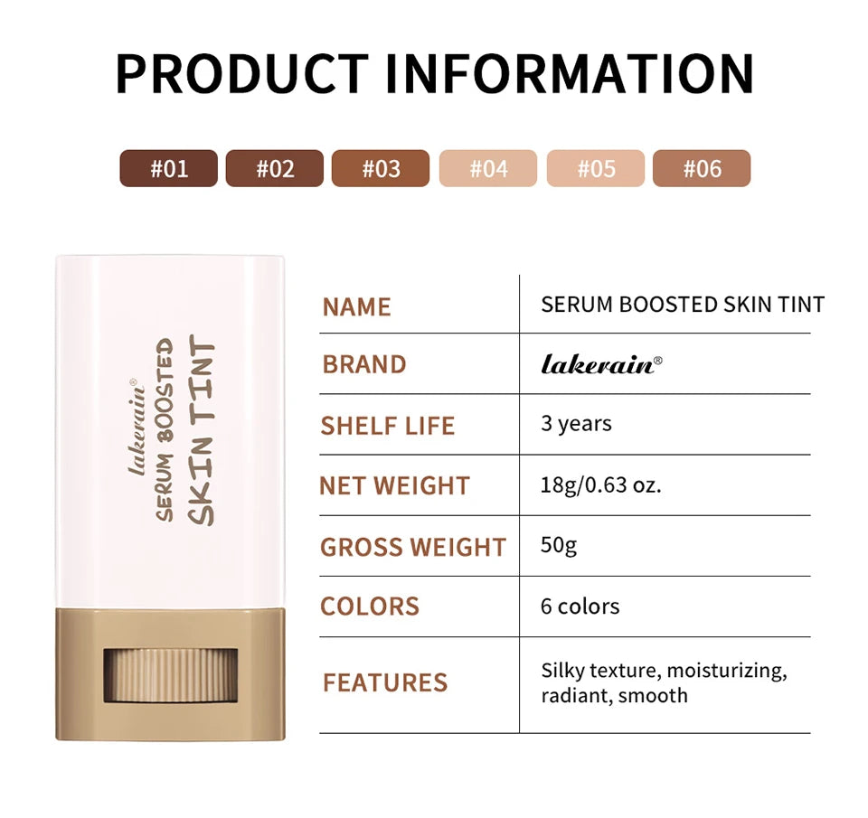 Product information card for lakerain serum boosted skin tint with color swatches and details.