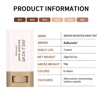 Product information card for lakerain serum boosted skin tint with color swatches and details.