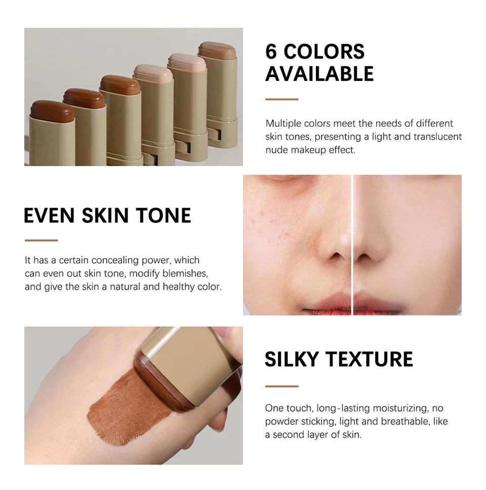 Cosmetic stick with color options and application on skin, highlighting even skin tone and silky texture.