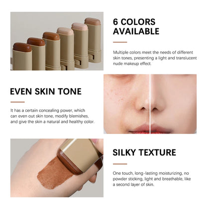 Cosmetic stick with color options and application on skin, highlighting even skin tone and silky texture.