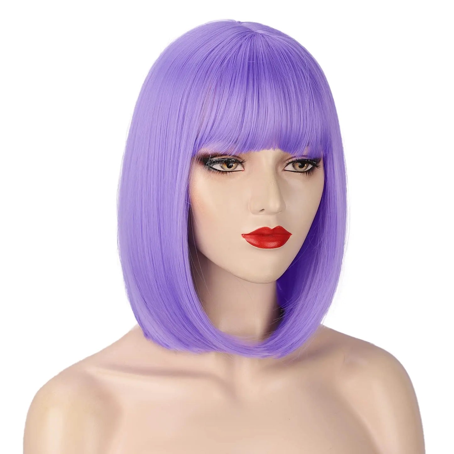 Purple wig on a mannequin head with a white background