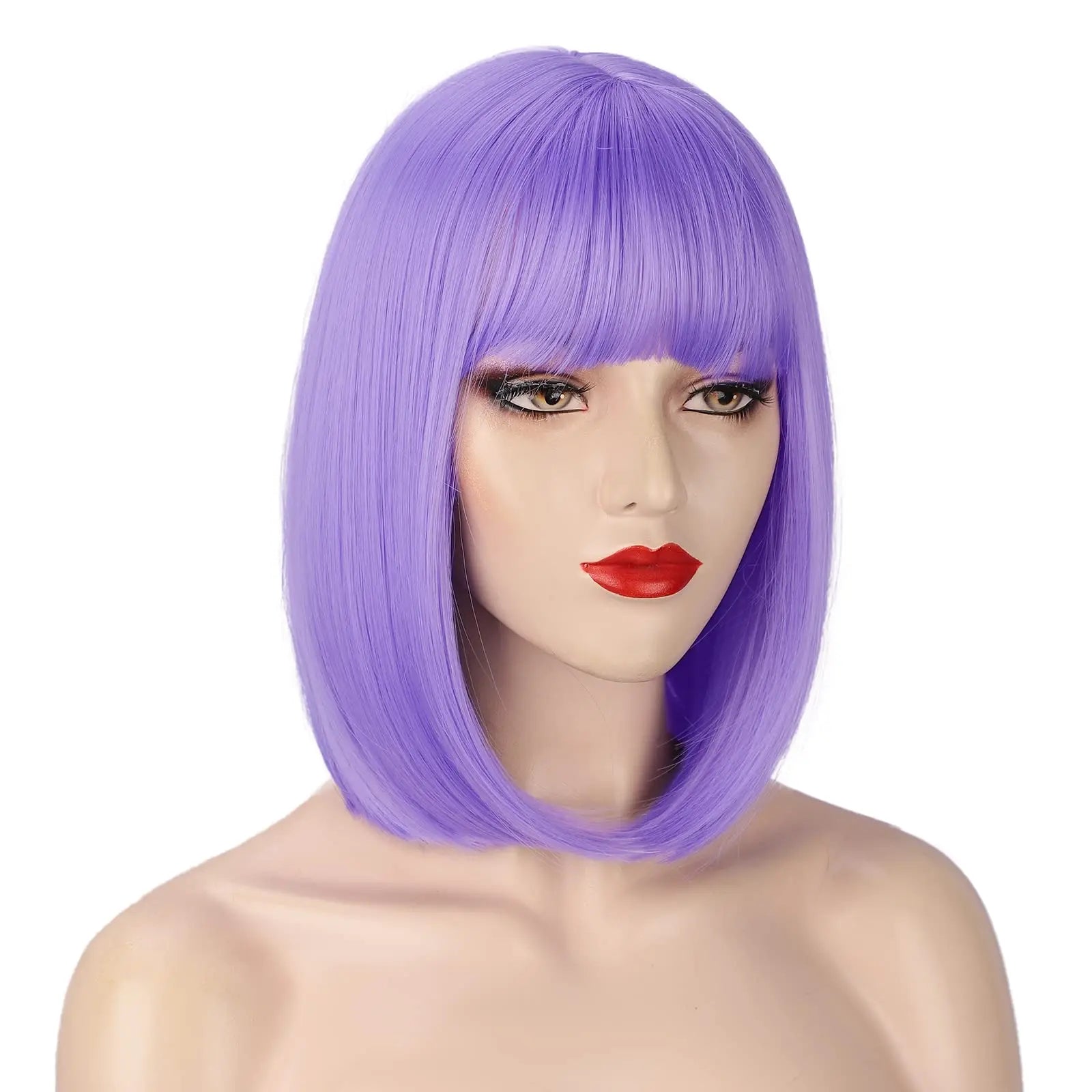 Purple wig on a mannequin head with a white background