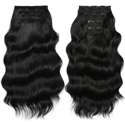Two sets of black hair extensions with clips on a white background