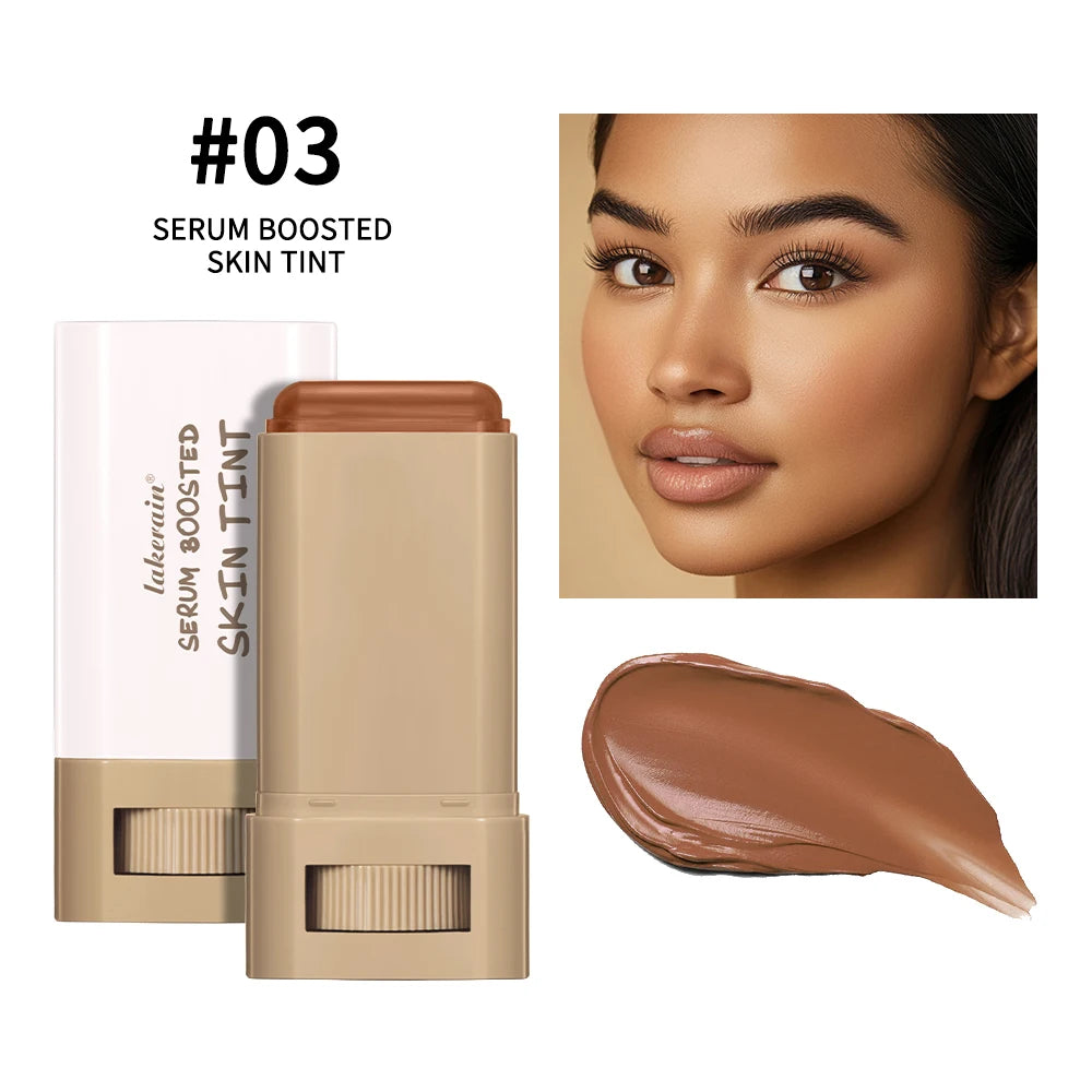 Lakme serum boosted skin tint stick with a model's face and swatch_3