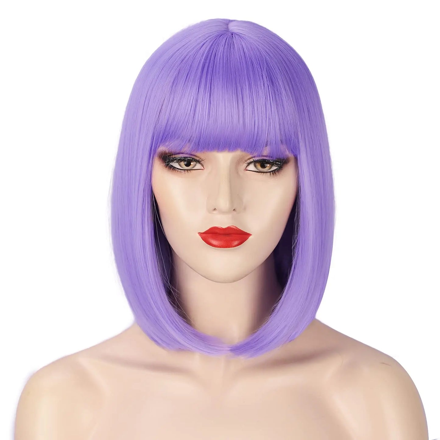 Mannequin head with a purple wig on a white background