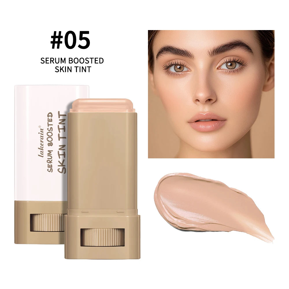 Serum boosted skin tint stick with a woman's face and swatch_5