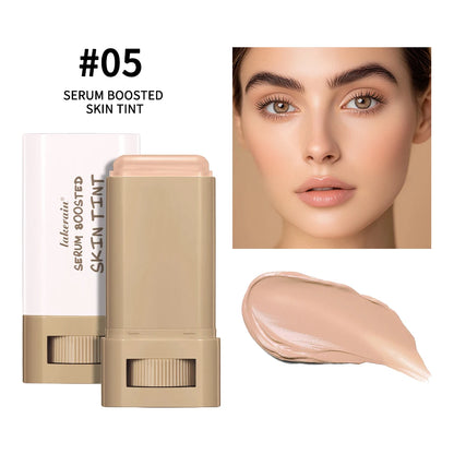 Serum boosted skin tint stick with a woman's face and swatch_5