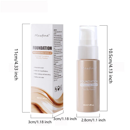 Maxfine foundation bottle and packaging with dimensions on a white background